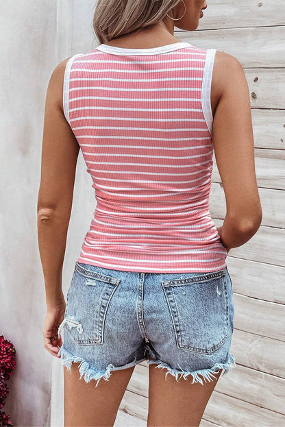 Stripe Contrast Trim Sleeveless Ribbed Slim Top