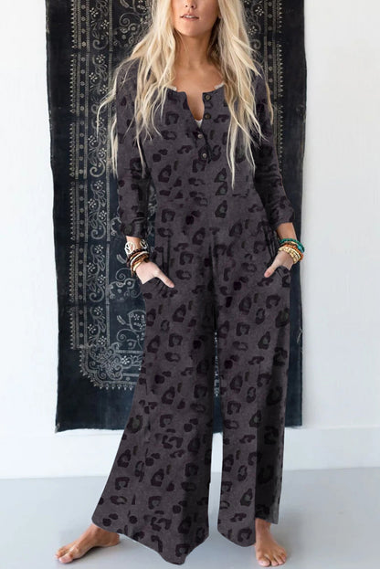 Gray Leopard Buttoned V Neck Wide Leg Jumpsuit