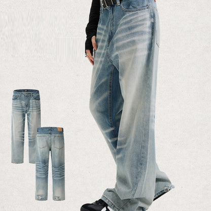 Crack Blue Straight American Retro Jeans