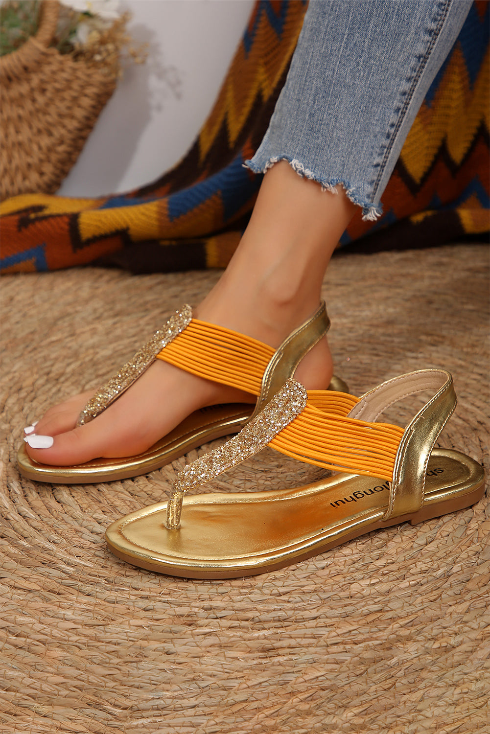 Chestnut Sequined Leathered Clip Toe Flat Sandals