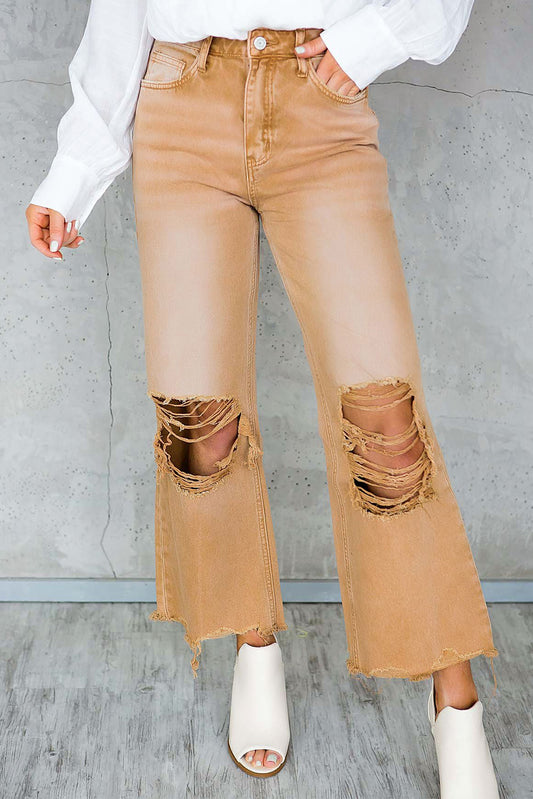 Distressed Hollow Out High Waist Flare Jeans