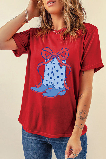 Star Boots Bow Knot Graphic Crew Neck T Shirt