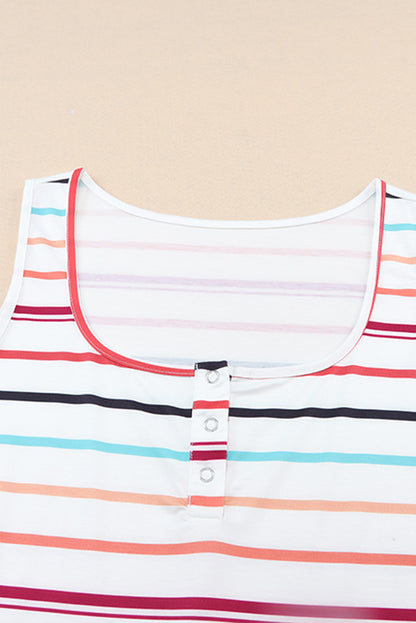 Colorful Striped Henley Button Plus Size Tank Top