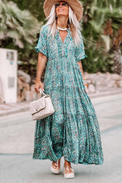 Paisley Print Split V Neck Tiered Boho Maxi Dress