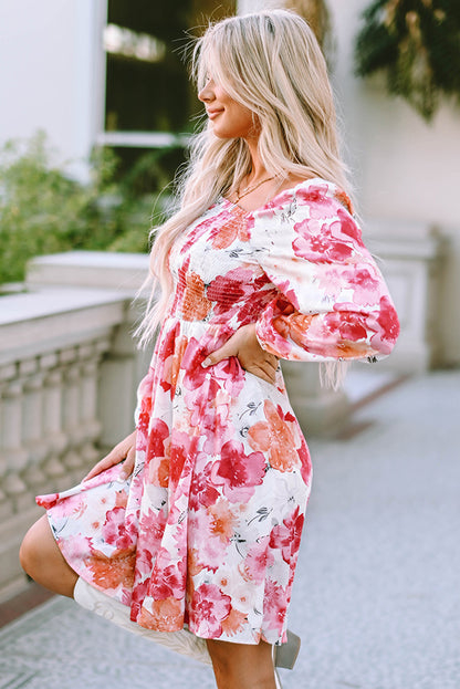 Floral Print Square Neck Smocked Dress for Vacation