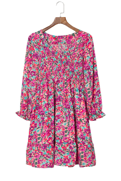 Floral Print Long Sleeve Flounce Hem V Neck Smocked Dress