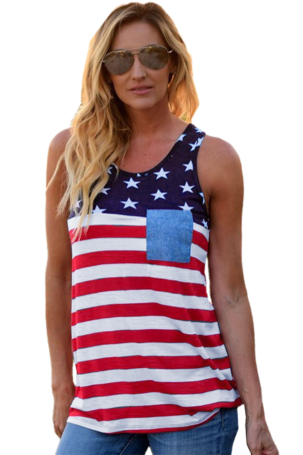 Casual American Flag Stars Stripes Pocket Racerback Tank Top