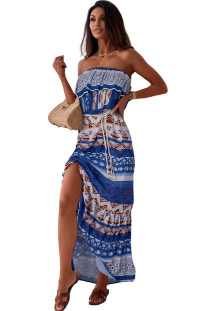 Blue Ethnic Print Ruffle Strapless Tie Waist Maxi Dress