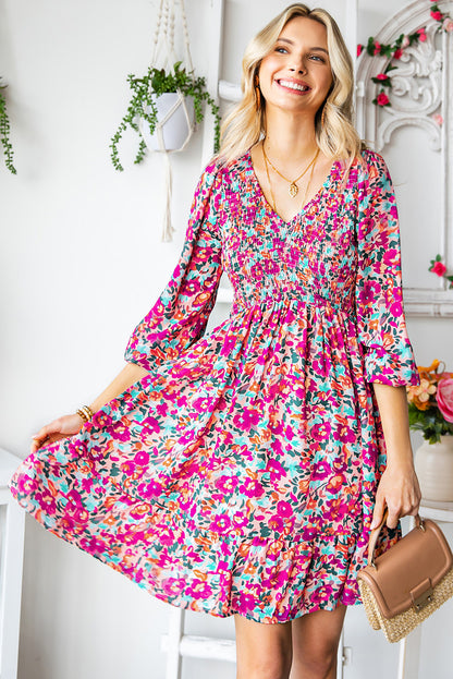 Floral Print Long Sleeve Flounce Hem V Neck Smocked Dress