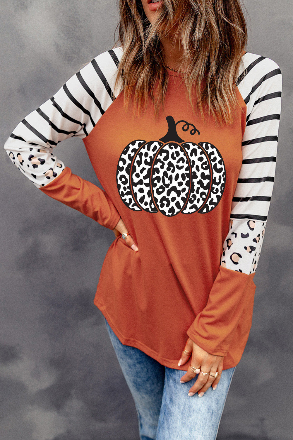 Leopard Pumpkin Graphic Contrast Long Sleeve Top
