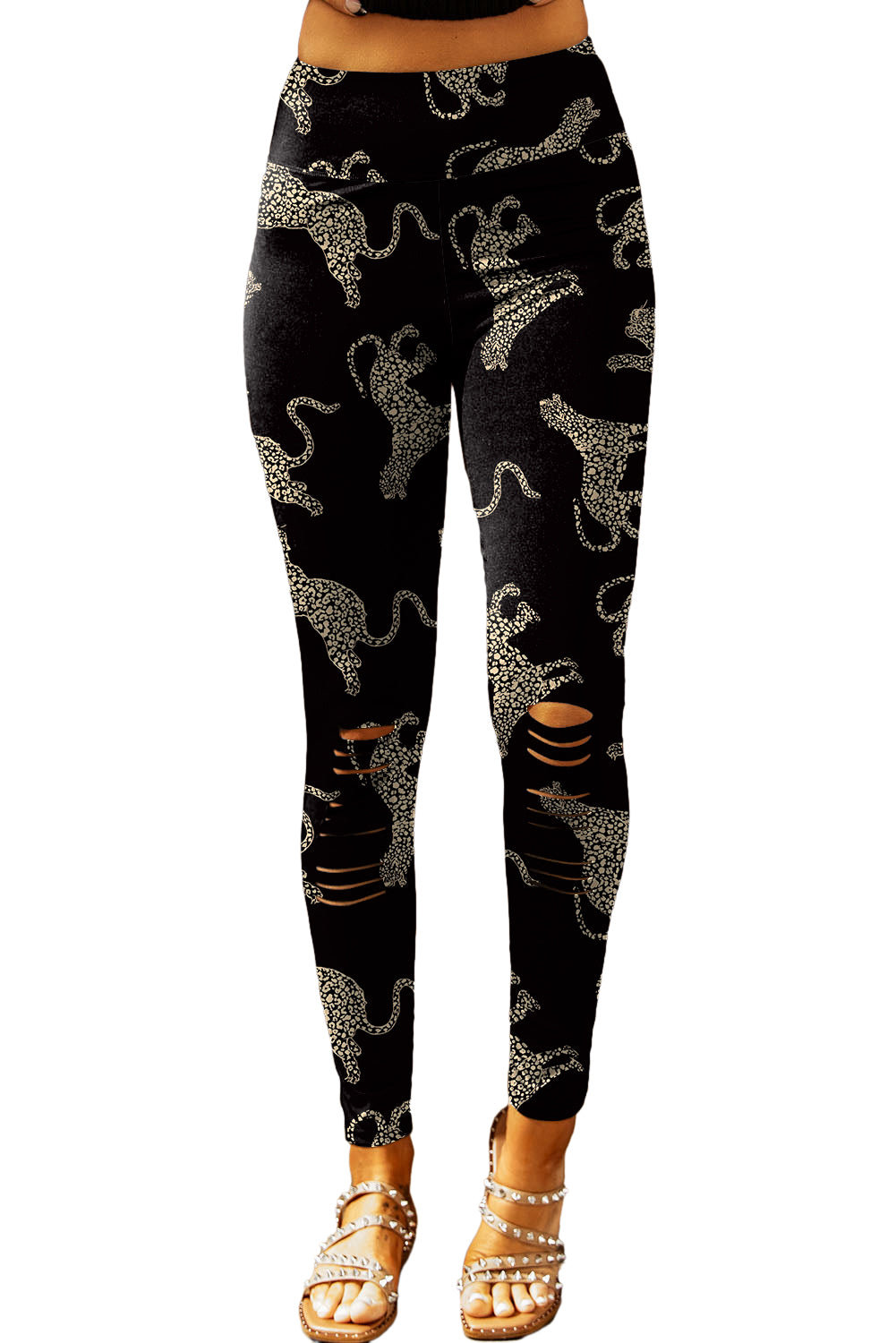 Black Cheetah Print High Rise Ripped Leggings