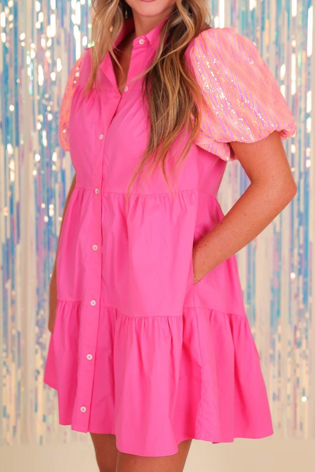 Bonbon Sequins Bubble Sleeve Tiered Mini Shirt Dress