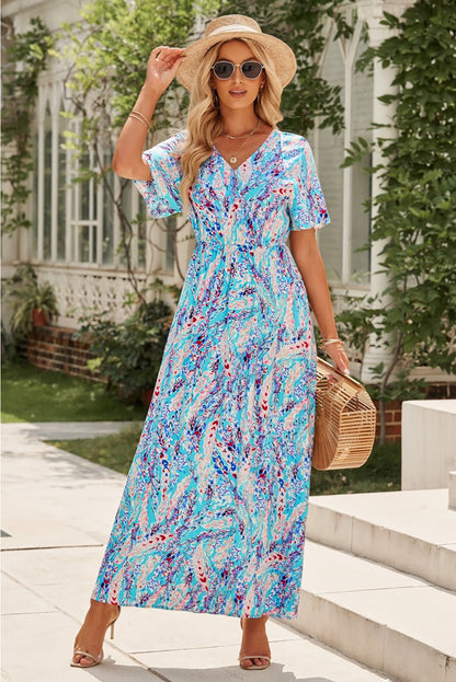 Abstract Botanic Print Wrap V Neck Short Sleeve Maxi Dress