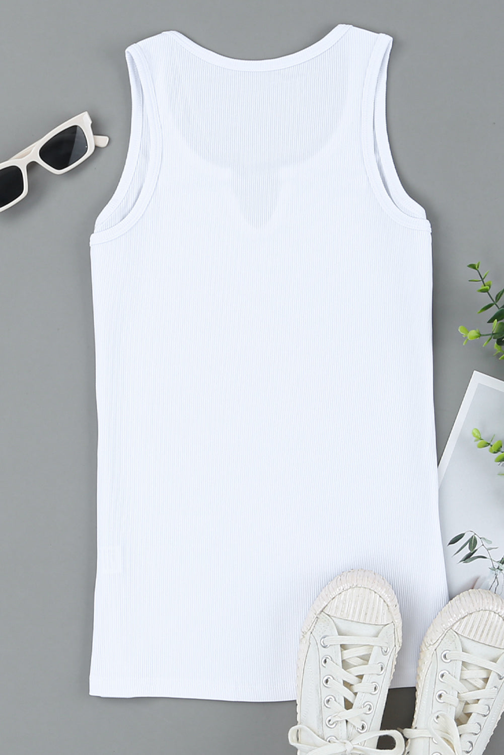 Basic Split Neck Ribbed Knit Tank Top