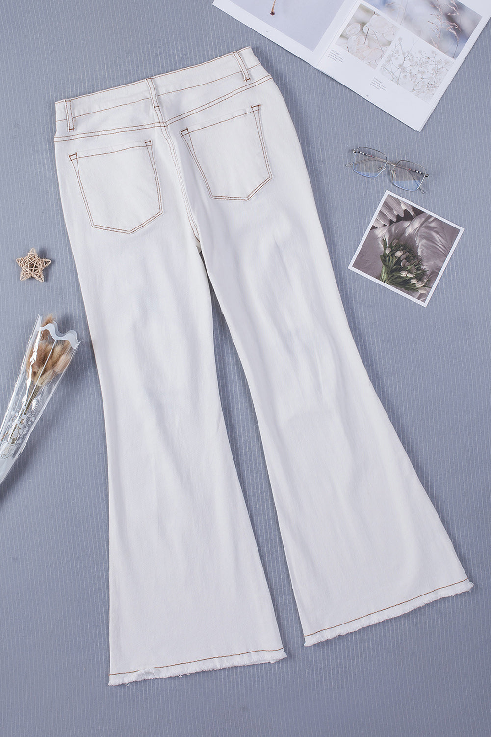 White Distressed Buttons High Waisted Flare Jeans