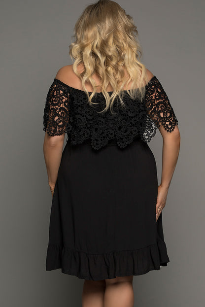 Casual Lace Cutout Pleated Off Shoulder Plus Size Dress