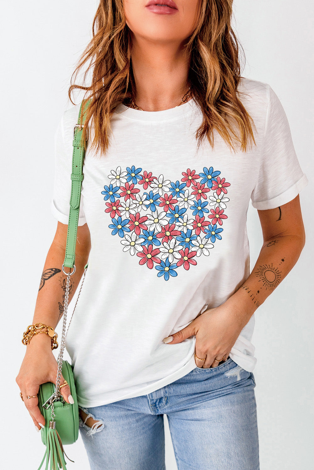 White Daisy Heart Shape Graphic Round Neck T Shirt