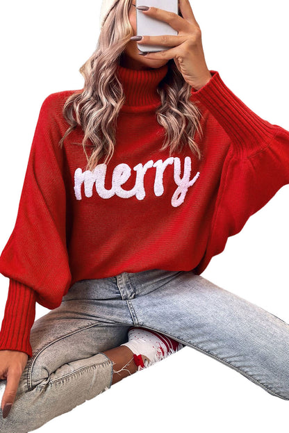 Turtle Neck Batwing Sleeve Merry Christmas Sweater