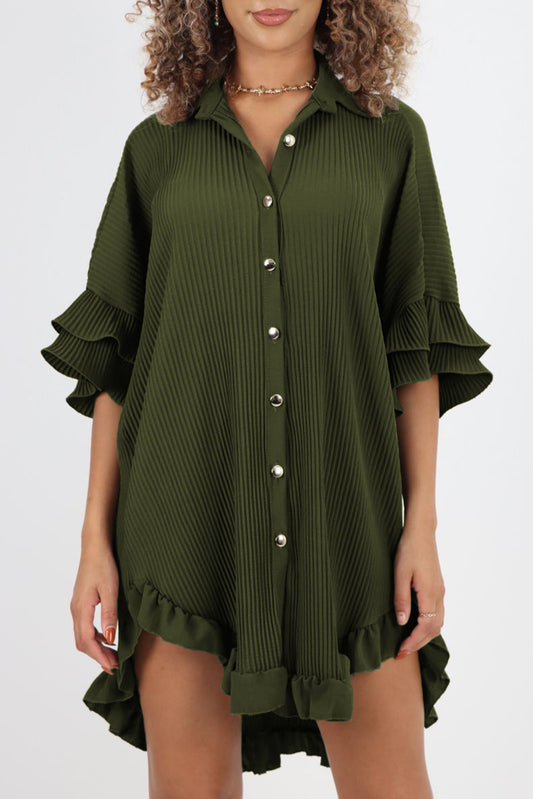 Moss Green Pleated Ruffle Sleeve Oversized Shirt Dress