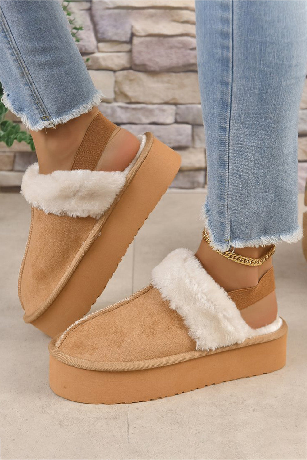 Light French Beige Suede Fluffy Slippers with Elastic Straps