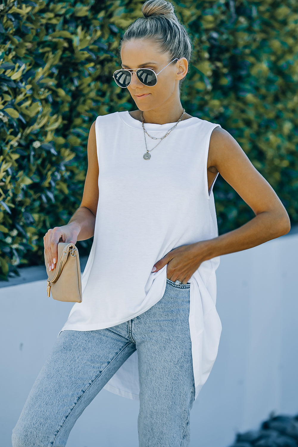 White Casual Solid Color High Low Tank Top