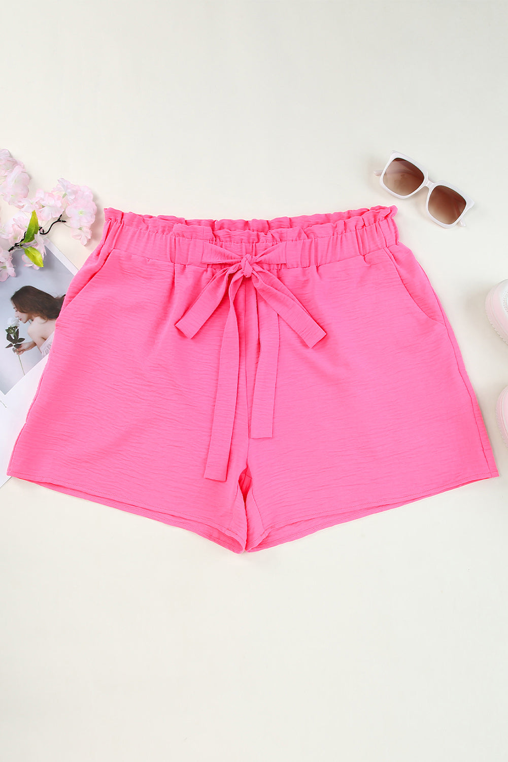 Casual Paperbag High Waist Textured Plus Size Shorts