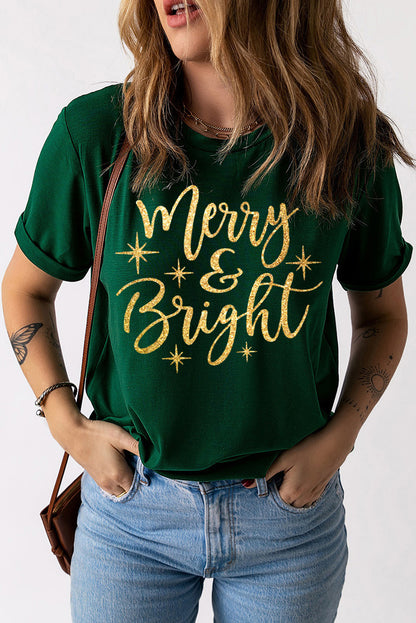 Green Merry & Bright Starry Round Neck Graphic Tee