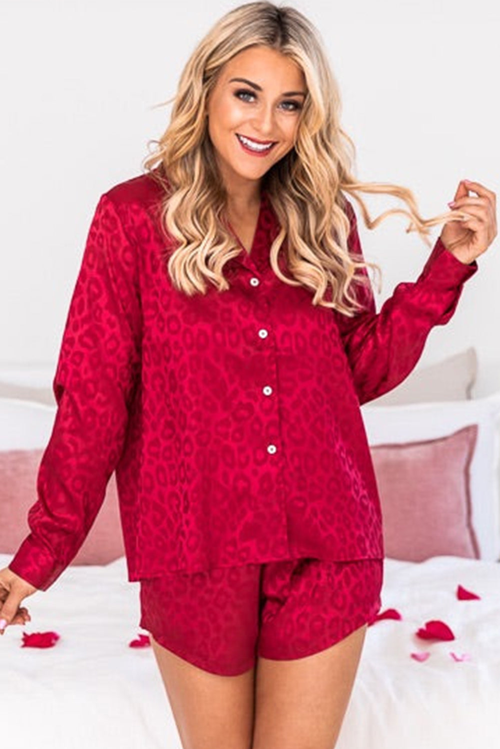 Red Leopard Satin Long Sleeve Top & Shorts Loungewear Set