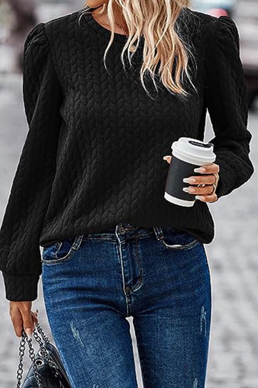 Rosy Waffle Quilted Puff Sleeve Sweatshirt