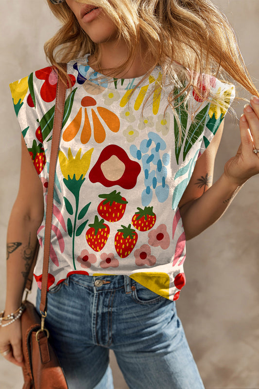 Fruit & Plant Print Round Neck Cap Sleeve T Shirt