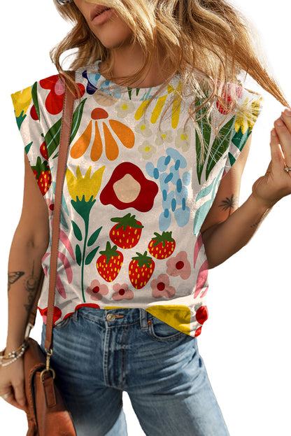 Fruit & Plant Print Round Neck Cap Sleeve T Shirt