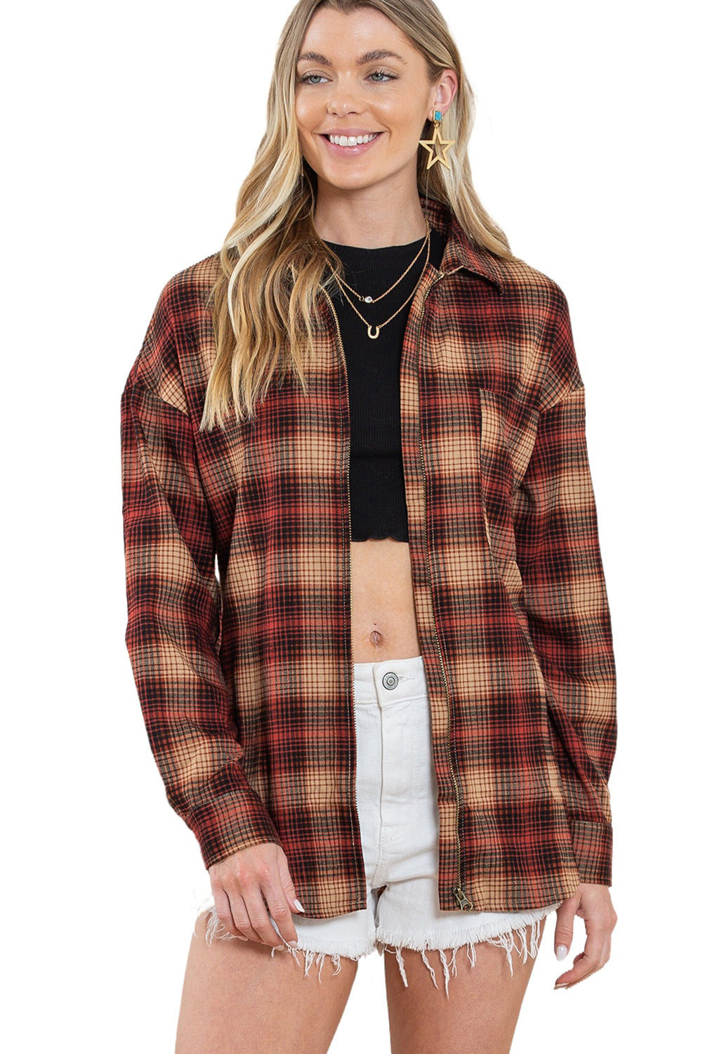 Fiery Red Plaid Print Chest Pocket Zip Up Shirt