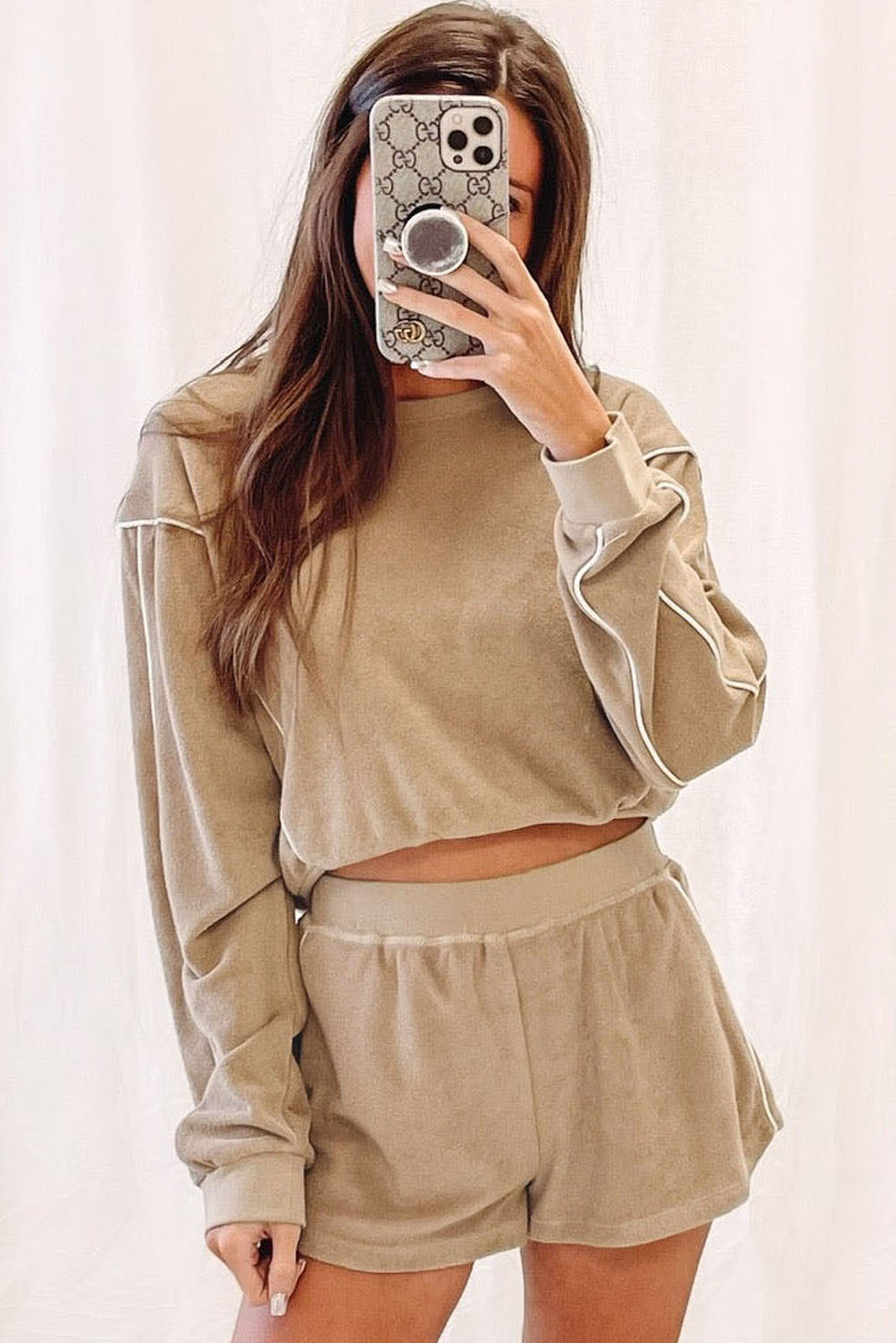 Khaki Exposed Seam Long Sleeve High Waist Shorts Set