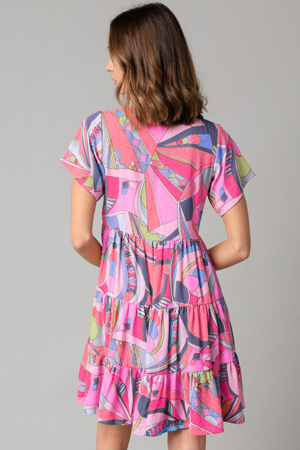 Multicolor Abstract Print Split V Neck Short Sleeve Tiered Dress