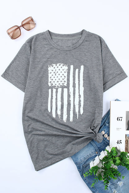 Gray Casual American Flag Graphic Crew Neck T Shirt