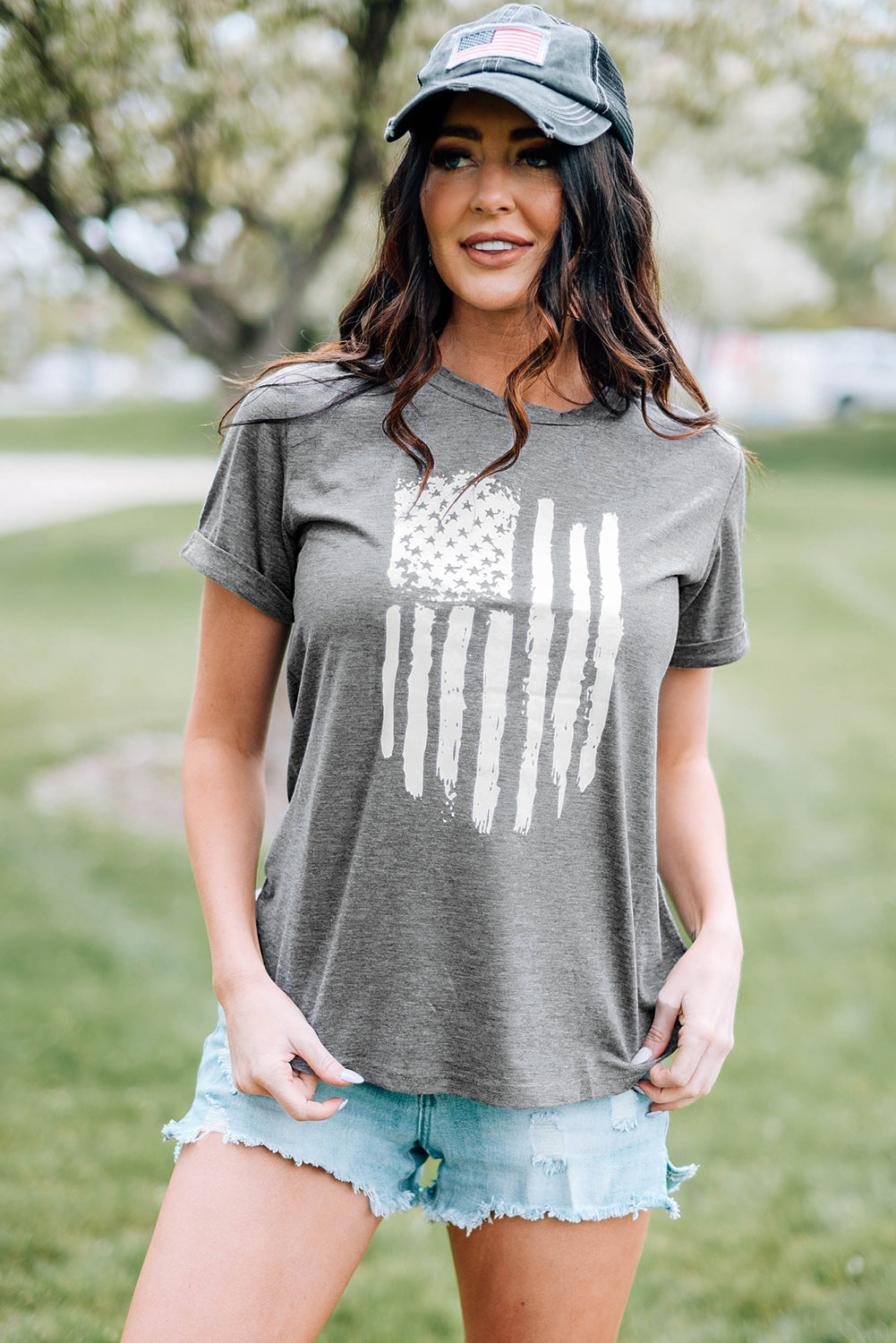 Gray Casual American Flag Graphic Crew Neck T Shirt