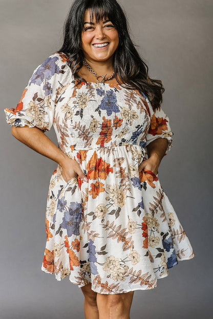 Floral Smocked Flared Plus Size Dress