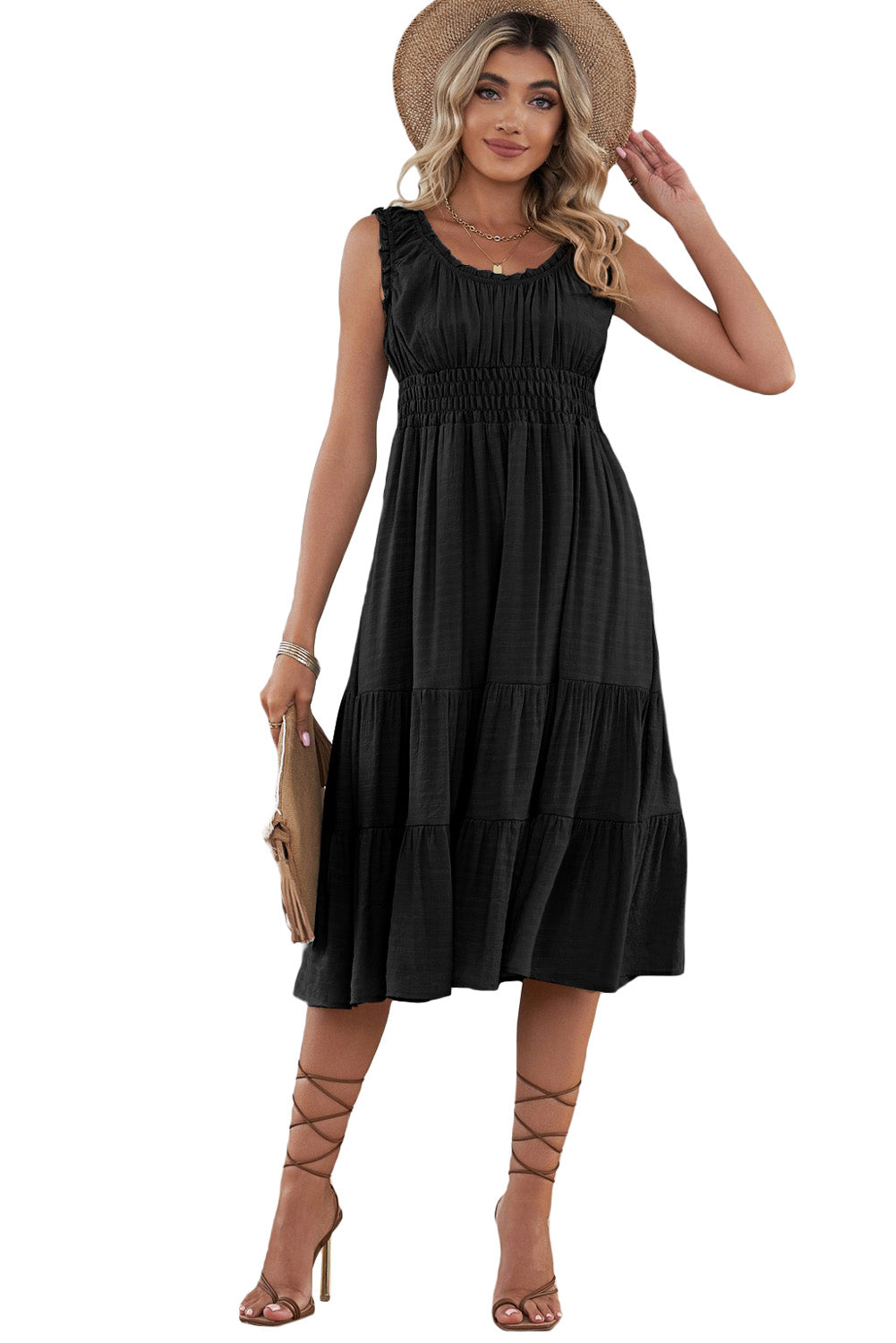 U-Neck Sleeveless Ruched Tiered Ruffled Midi Dress