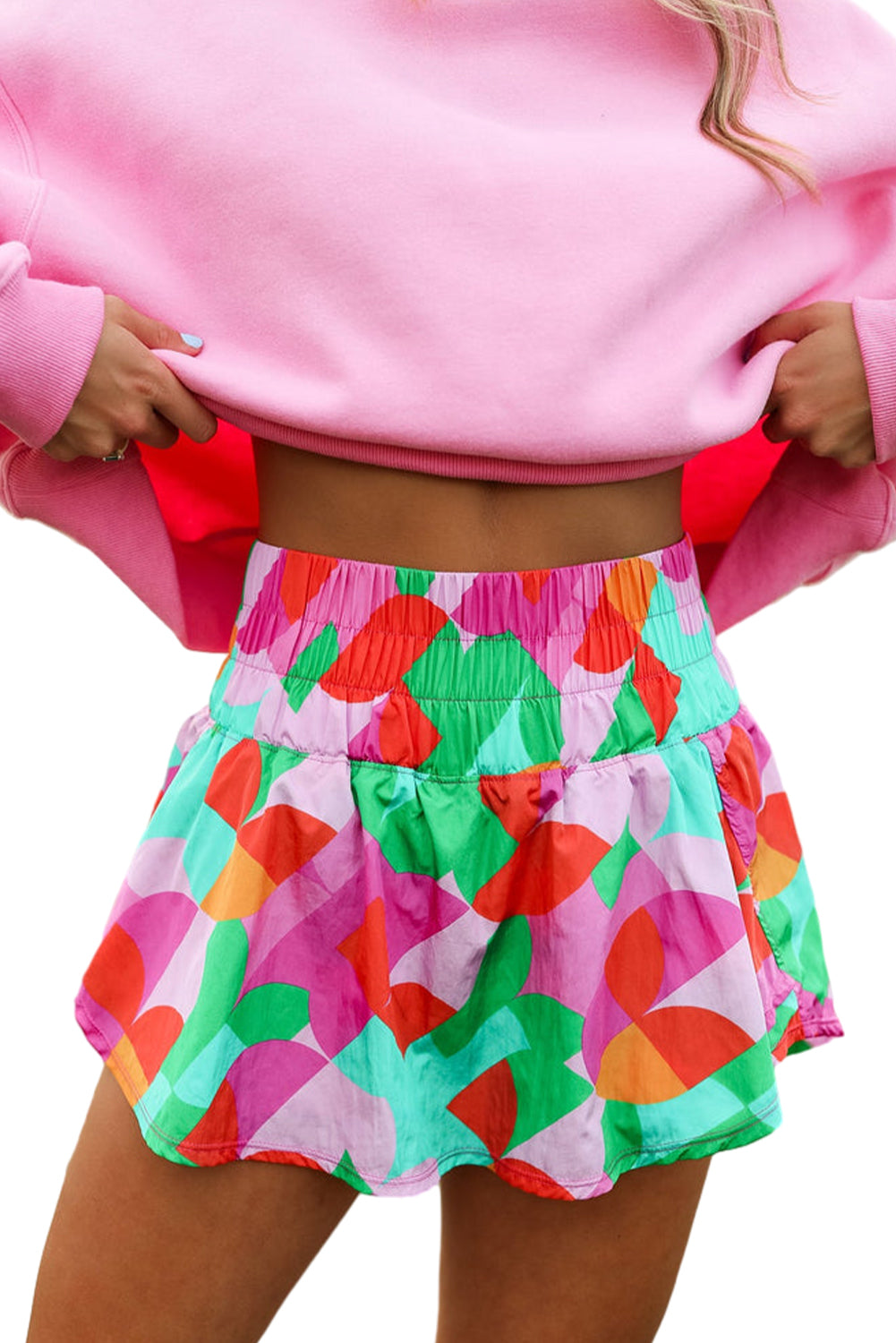 Abstract Print Smocked Waist Flared Shorts