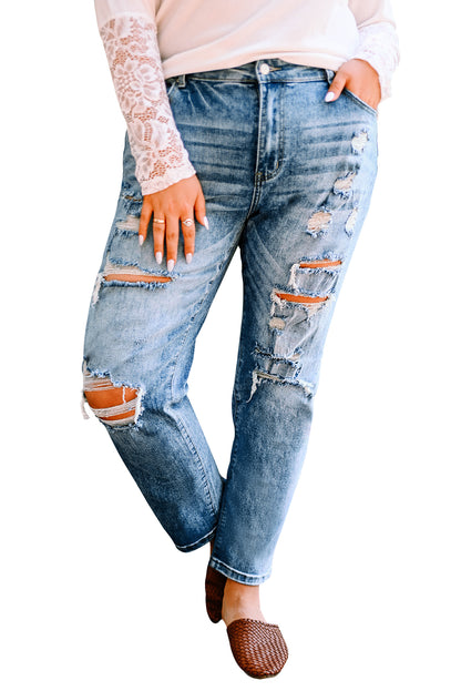 Light Blue Casual Ripped Raw Hem Plus Size Jeans