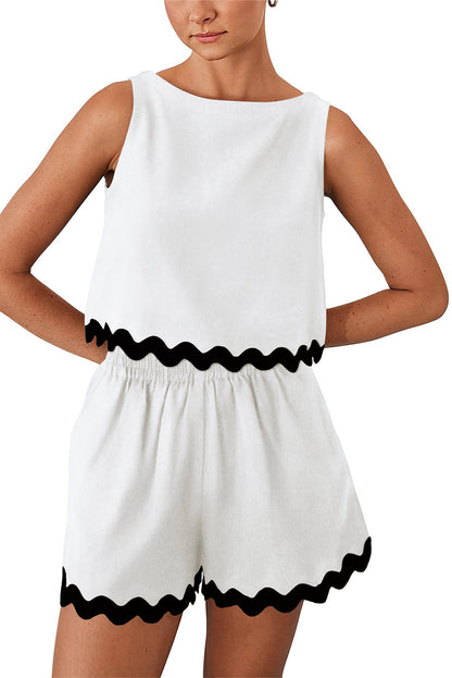 White Ricrac Applique Sleeveless Top and Pocketed Shorts Set