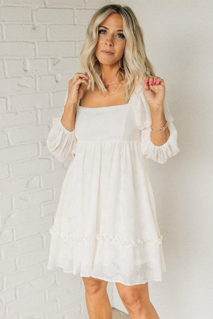 White Jacquard Square Neck Bubble Sleeve Dress