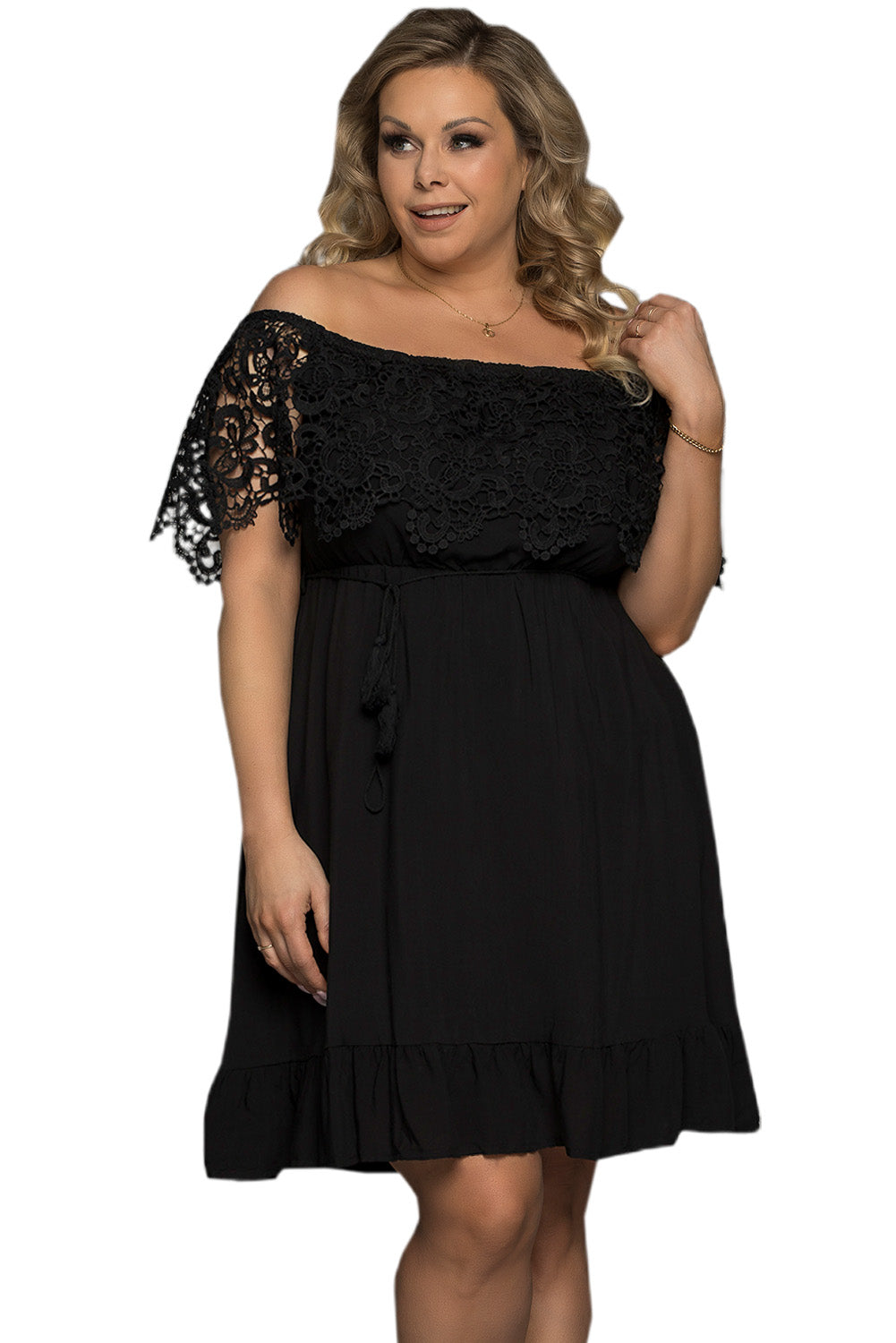 Casual Lace Cutout Pleated Off Shoulder Plus Size Dress