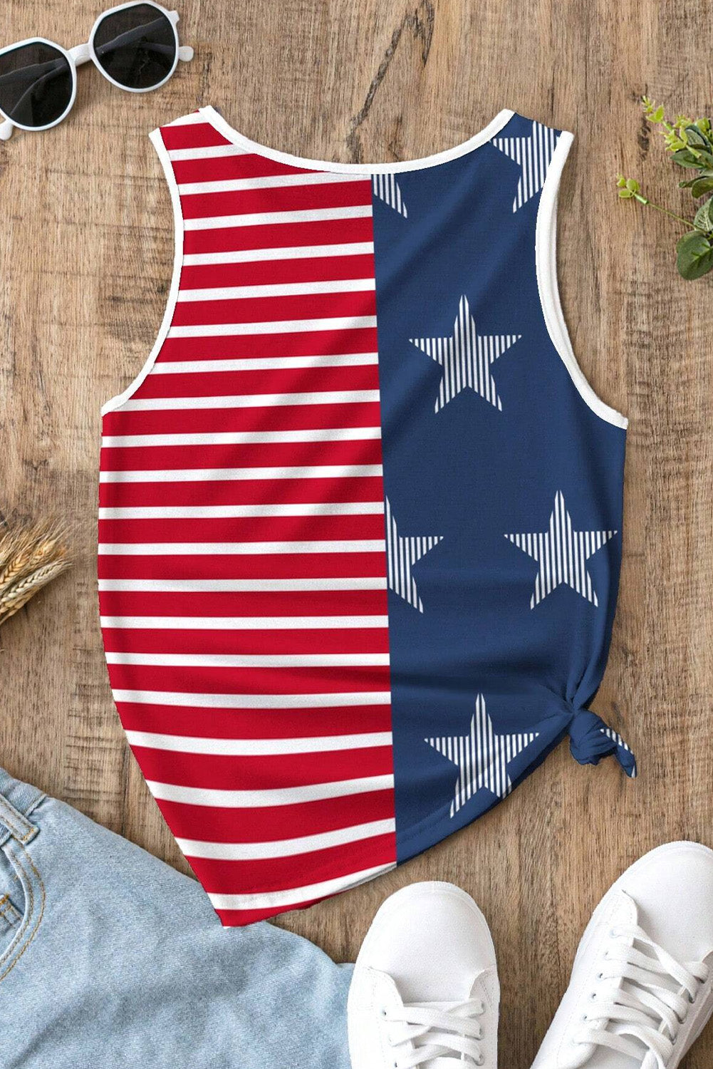 USA Flag Print Colorblock Round Neck Tank Top