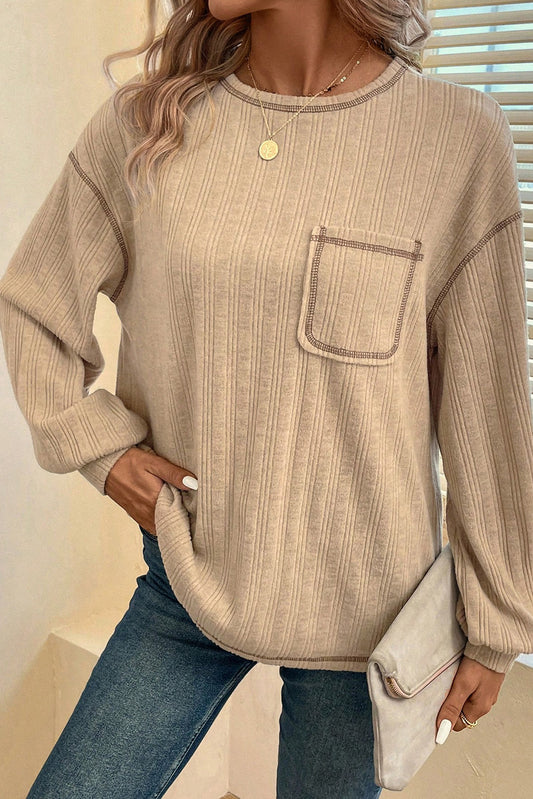 Pale Khaki Exposed Stitching Textured Knit Long Sleeve Top