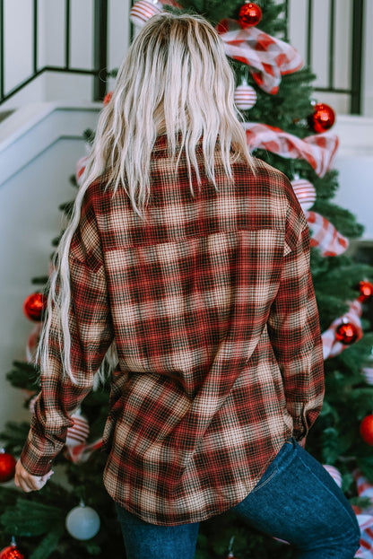 Fiery Red Plaid Print Chest Pocket Zip Up Shirt