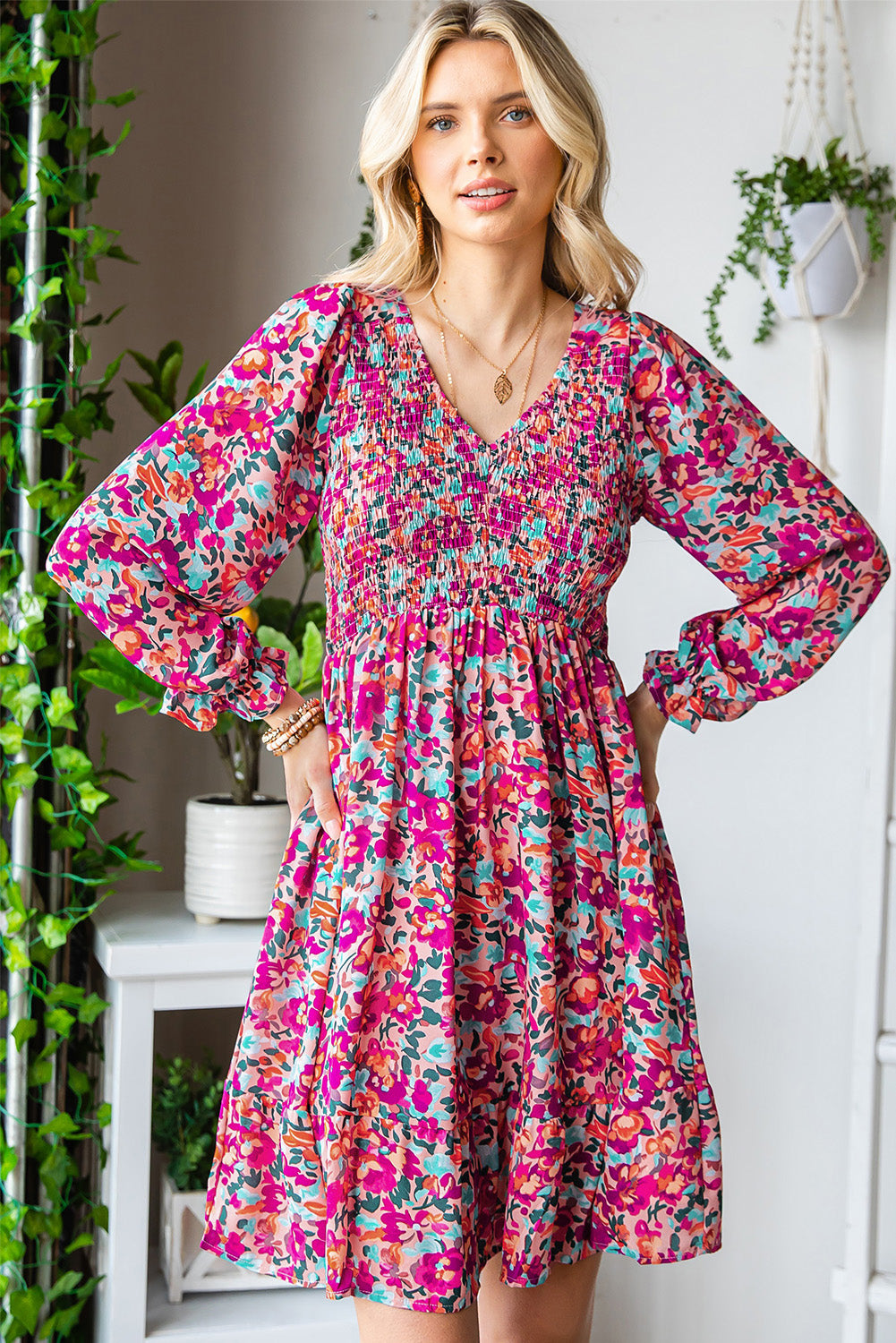 Floral Print Long Sleeve Flounce Hem V Neck Smocked Dress