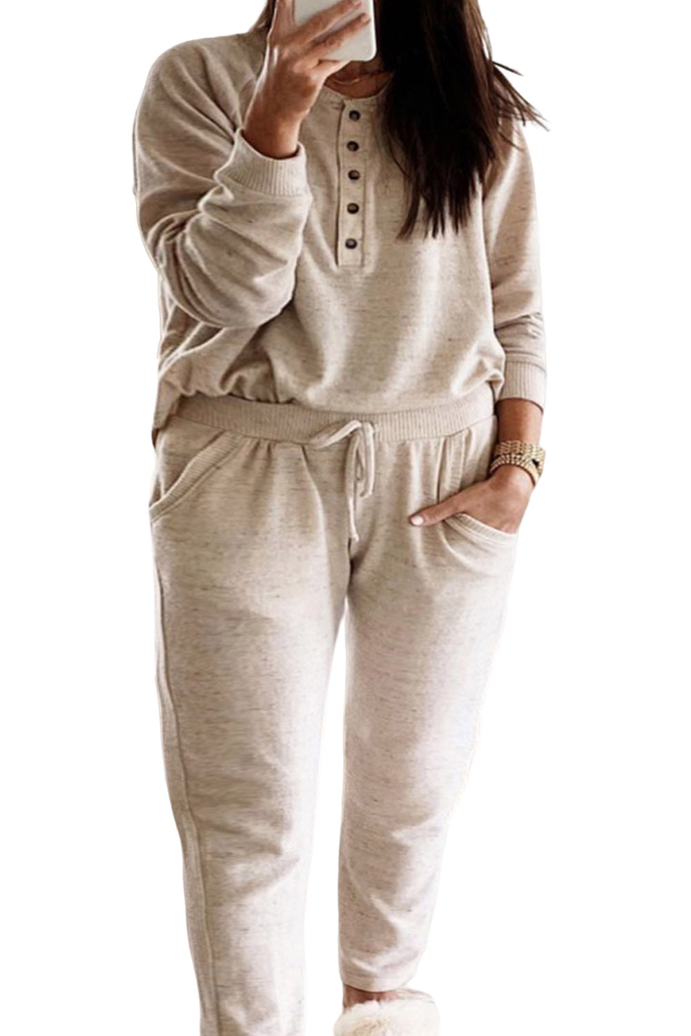 Apricot Plus Size Long Sleeve Henley Top Drawstring Pants Outfit