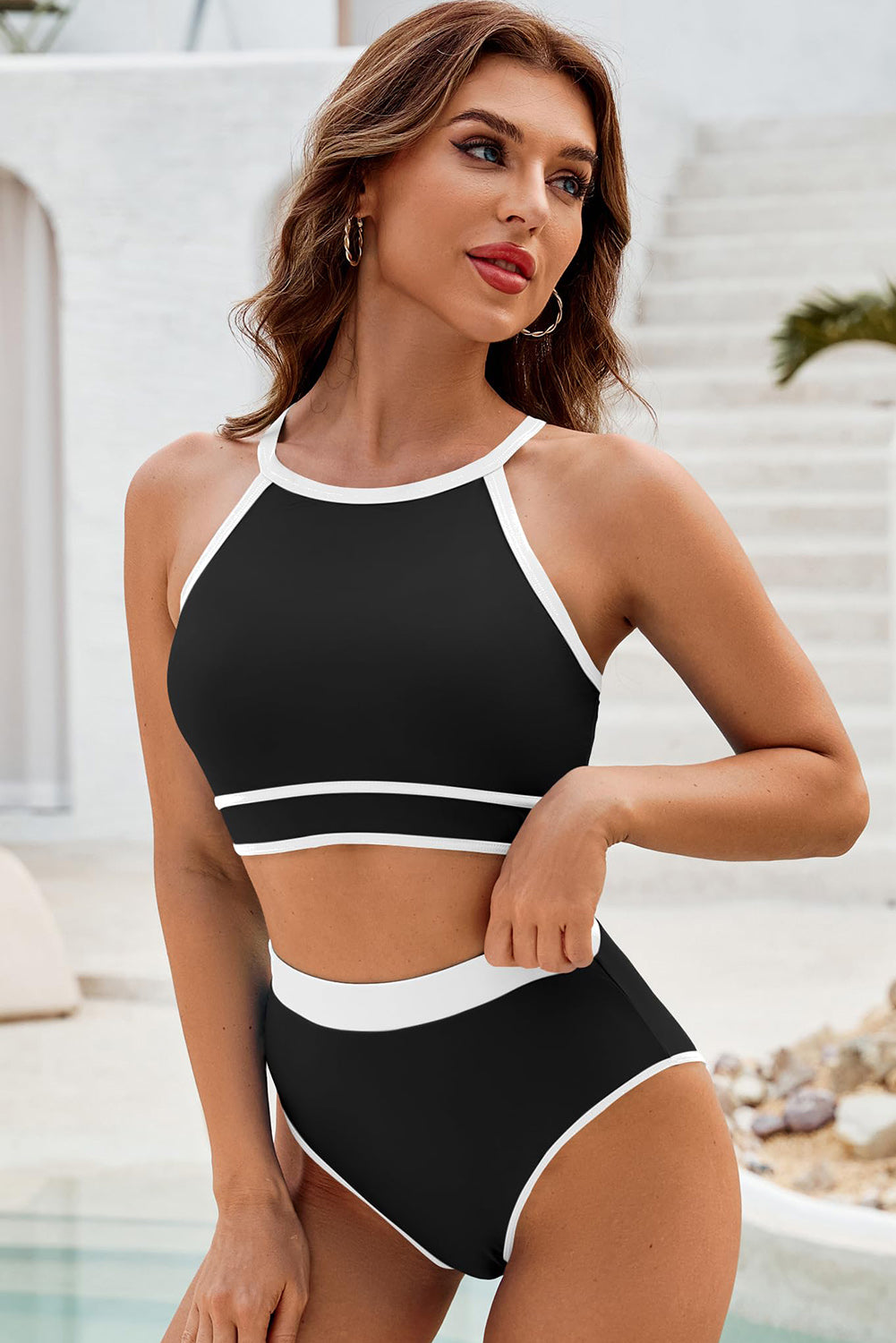 Bikini Set Black Contrast Trim Crisscross Back High Waist