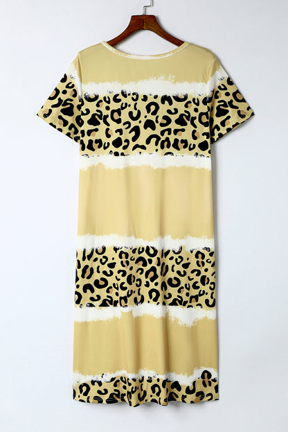 Grey Leopard Tie Dye Color Block V-Neck T-Shirt Dress